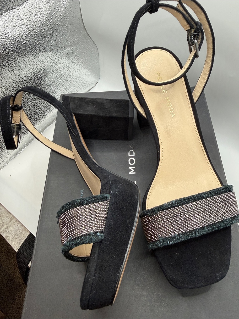 Pelle Moda Black Beaded Fringe Ankle-Strap Block Heels